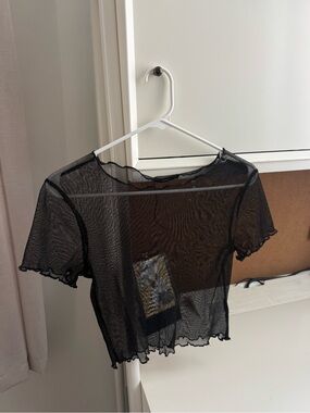 DNA couture Black Sheer Mesh Short Sleeve Crop Top